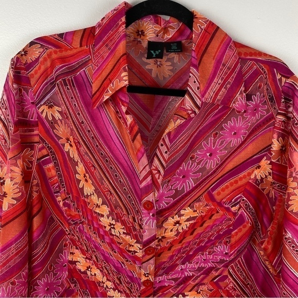 Y Pink Orange Floral Semi Sheer Rayon Linen Blend Floral Blouse XL - Picture 3 of 9